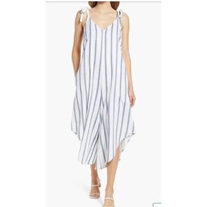 Vince Camuto Womens Blue White Striped Linen Blend Tie Strap Jumpsuit Small